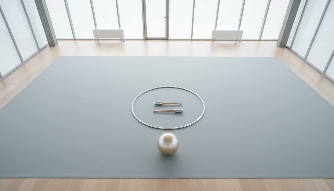 A perfectly arranged set of rhythmic gymnastics apparatus—polished clubs, gleaming hoop, and a glitter-accented ball—neatly lined on a pale slate-gray mat, the items spaced precisely and oriented parallel to each other. The setting is a sunlit studio with expansive, high ceilings and translucent wall panels. The gentle, natural light softens the metallic and gloss surfaces, while the structured layout and clean environment suggest discipline and order. Shot from a high angle for a bird’s eye view, the image uses balanced, rule-of-thirds framing to create a sense of harmony and modern professionalism suited for an elite gymnastics service.