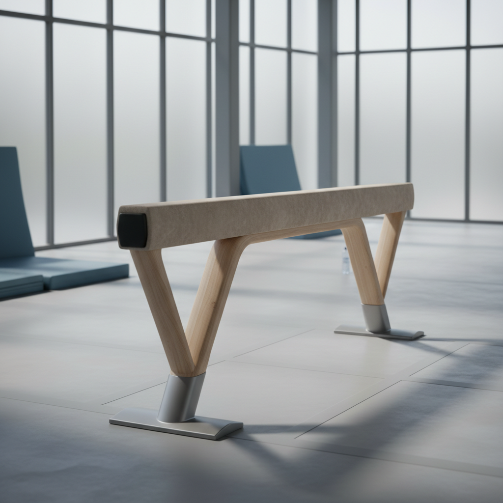 A sleek, modern balance beam crafted from light ash wood with a smooth, neutral-toned suede covering and subtle gray metallic details along the base supports. The beam is centrally positioned in a spacious gymnasium with large frosted glass panels filtering in soft, diffused daylight. The ambient illumination creates gentle highlights on the suede's texture and casts structured, geometric shadows on the light gray gym flooring. The composition is eye-level, balanced and uncluttered, focusing sharply on the beam with a minimalist, professional aesthetic. The mood is calm, confident, and aspirational, perfectly reflecting a world-class gymnastics environment and emphasizing precision and discipline.