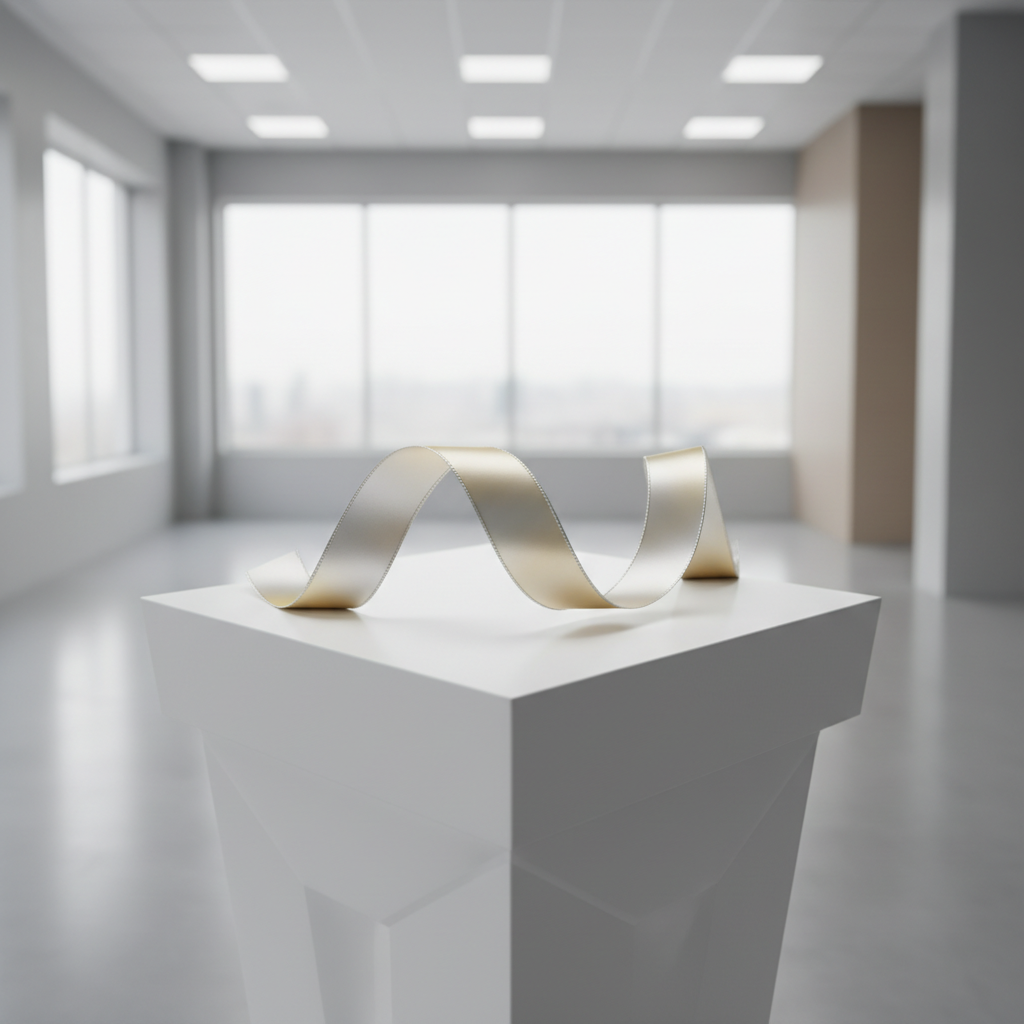 An elegant, high-end gymnastics ribbon resting in a gentle spiral atop a pristine, structured white presentation pedestal, its satin surface displaying subtle silver and pale gold gradients with fine, embroidered edges. The pedestal is set within a bright, corporate room with clean architectural lines and a neutral color palette, while soft overhead studio lighting produces crisp highlights on the ribbon and delicate, symmetrical shadows beneath. Captured from a slightly elevated viewpoint with centered composition and sharp detail, the image evokes a sense of professionalism and artistic elegance, resonating with the brand’s expertise in rhythmic gymnastics choreography.