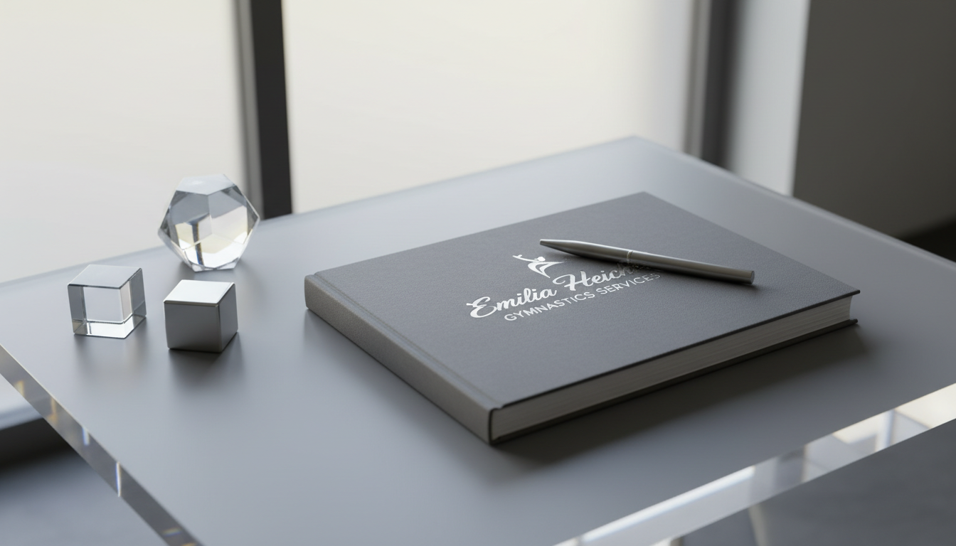 A detailed, close-up view of a premium notebook with an embossed silver logo reading 'Emilia Heichel Gymnastics Services' atop a cool gray workspace desk with clear acrylic edges. A silver metallic pen rests diagonally on the open notebook, and geometric paperweights provide structured accents. The work area is illuminated by soft daylight from a nearby frosted window, creating gentle highlights on the clean surfaces and subtle shadows around the objects. The centered, eye-level composition exudes professionalism and focus, ideal for conveying the organizational rigor behind top-tier gymnastics coaching and choreography.